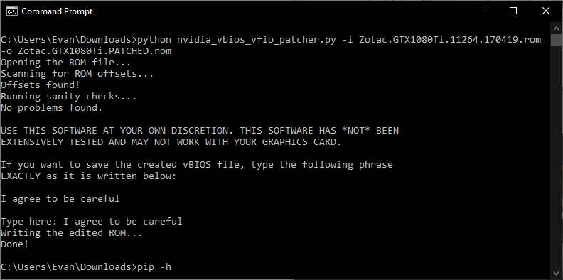 Command prompt window with example call to nvidia_vbios_vfio_patcher.py tool.